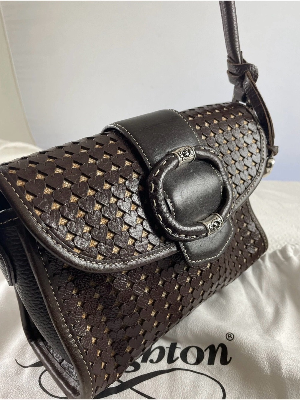 Brighton East West Leather Heart cut out woven Crossbody Bag - Dark Brown